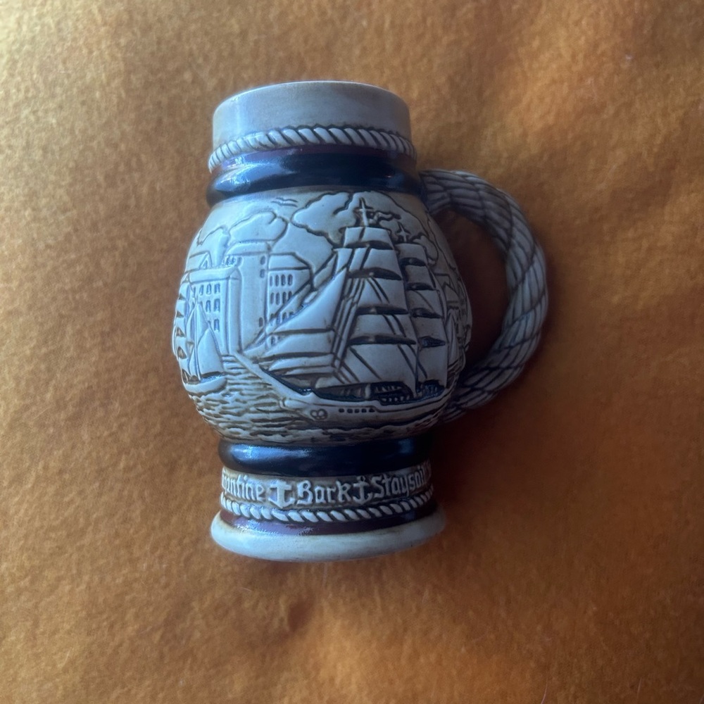 Vintage Ceramic Mug with Ship Design in Cream and Blue from Brazil